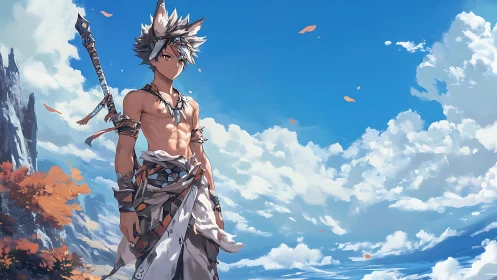 Young warrior under expansive blue sky with clouds.