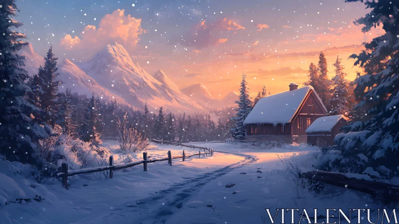 Snow-covered alpine cabin at sunset with winding forest path