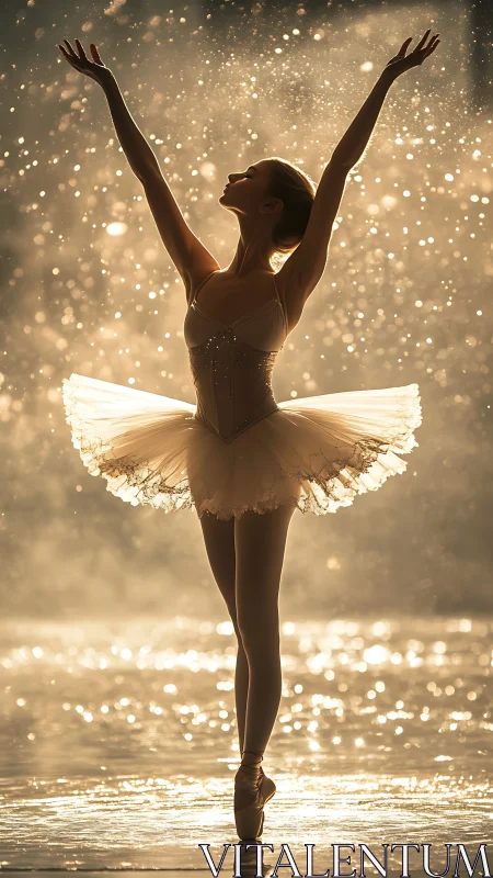 Golden-hour ballerina poised amid shimmering stardust light.