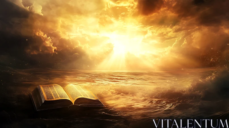 Open book lies on turbulent sea under intense golden light