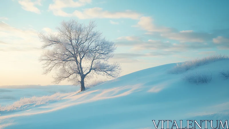 Frosted lone tree on pastel snow dunes at winter sunrise.