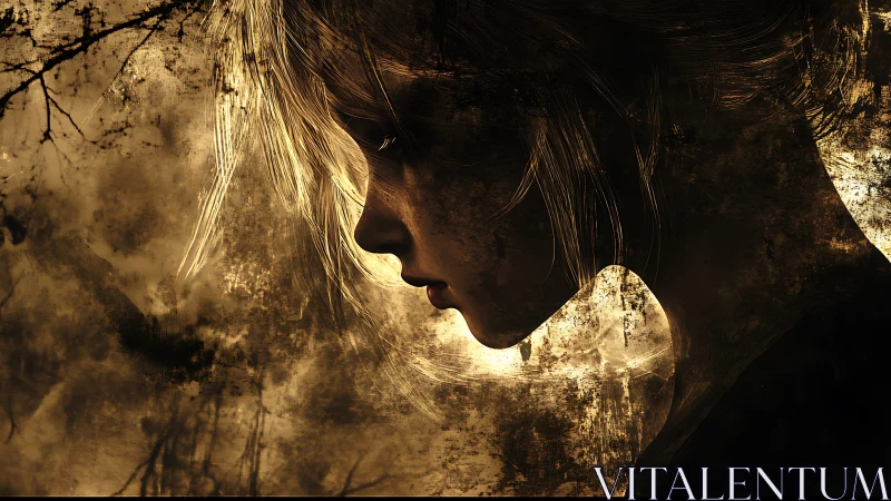 Melancholic profile in textured sepia light and shadow.