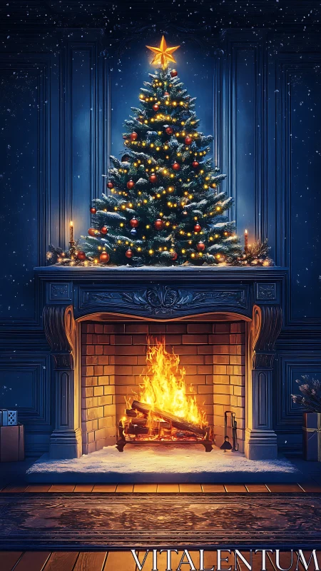 Christmas tree stands above lit fireplace in dark room