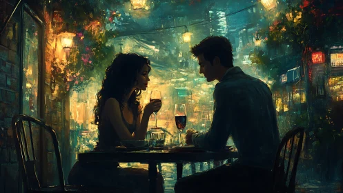 Romantic urban evening. Two silhouettes share wine overlooking glowing city