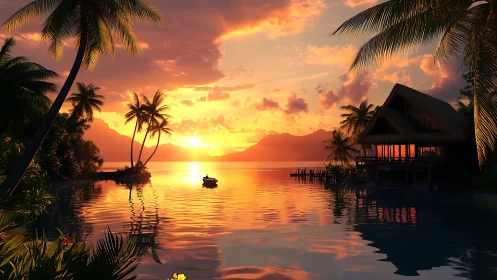 Tropical lagoon sunset illuminates palm-framed overwater villa.