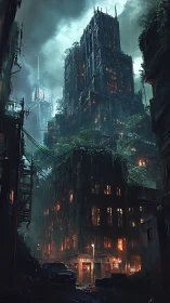 Overgrown cyberpunk towers glow through stormy night haze