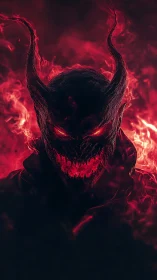 Demonic horned figure emerges from crimson inferno haze