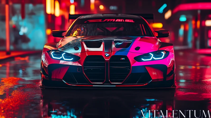 BMW M race car in neon-lit cyberpunk city streetscape.