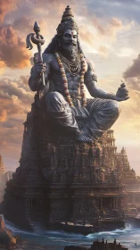 Colossal seated deity statue rising from ancient temple.