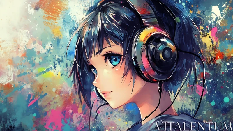 Girl with neon headphones listens within abstract color field