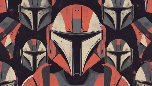 Armored helmets form bold graphic sci‑fi battle pattern.