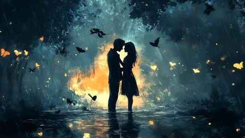 Silhouetted couple kissing amid golden luminescence and rainfall.