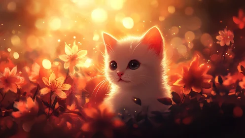 White Feline in Luminous Floral Environment with Golden Atmospheric Effects