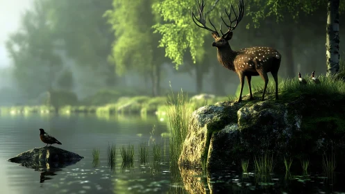 Simulated forest lakeside with stag, songbird and volumetric fog.