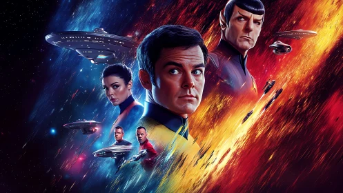 Poster groups uniformed space crew with starships in nebula field