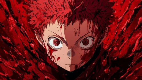 Symmetrical anime portrait shows blood-splattered, high-tension stare