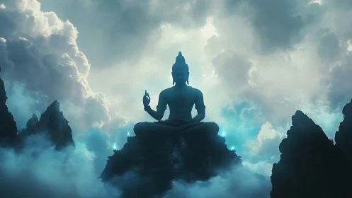 Mountain cloud Buddha in calm skylit meditation hush.