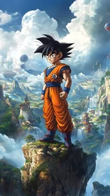 Sky-peak warrior kid overlooking temples and waterfalls.