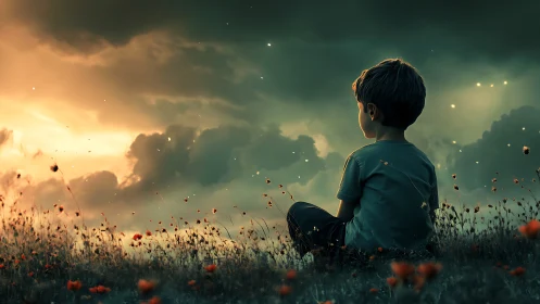 Solitary child at dusk beneath glowing stormlit sky.