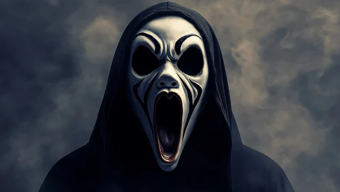 Hooded ghost mask screaming in dark swirling smoke atmosphere.