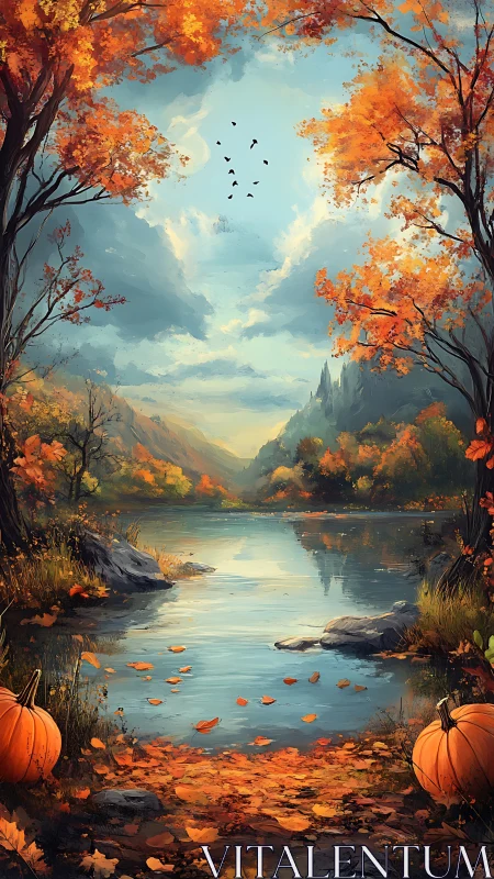 Enchanted autumn lake gateway with pumpkins and distant castle.