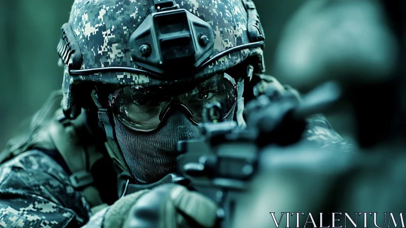 Camouflaged soldier aiming rifle with tactical headgear equipment.