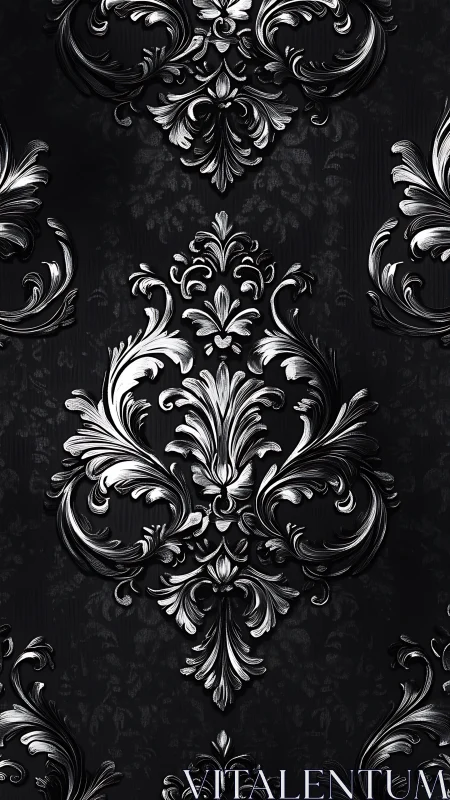 Baroque silver damask pattern on deep charcoal background.