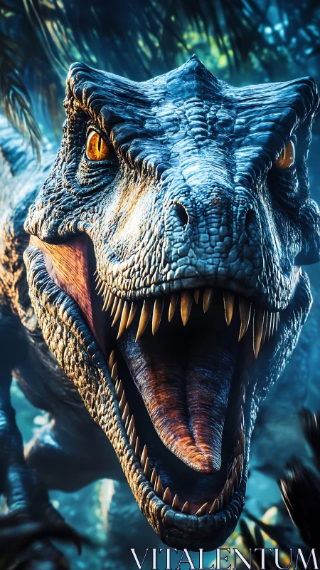 Ferocious dinosaur roars in lush prehistoric jungle closeup.