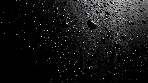 Glistening raindrops across black glass in stark contrast.