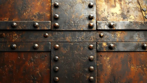 Weathered riveted metal plates evoke rugged industrial strength