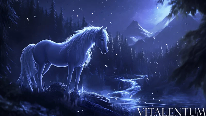 Luminous white horse under moonlit forest sky by waterfall