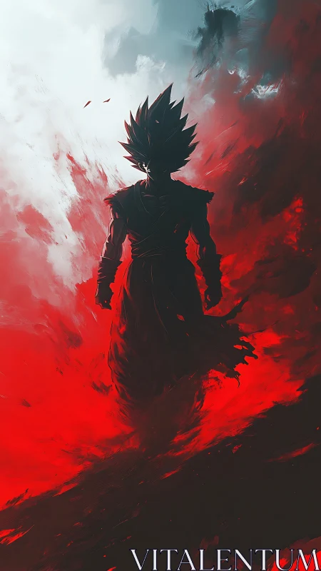 Backlit spiky warrior in bifurcated red-white energy field.