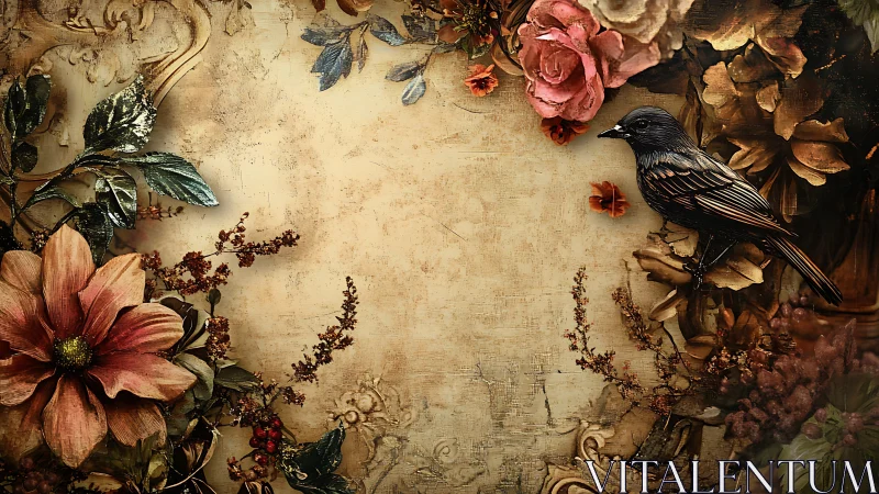 Vintage floral frame with perched songbird centerpiece.