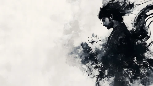 Monochrome ink profile of contemplative man dissolving into smoke