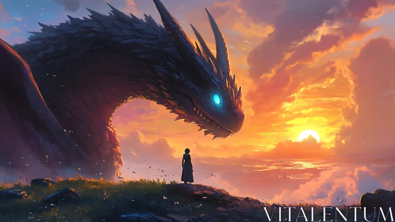 Sunset dragon gently greeting a brave lone traveler