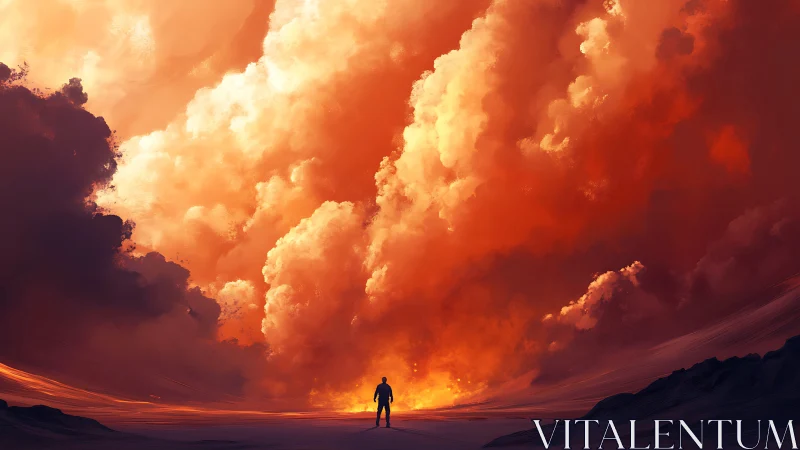 Solitary wanderer beneath colossal burning storm clouds.