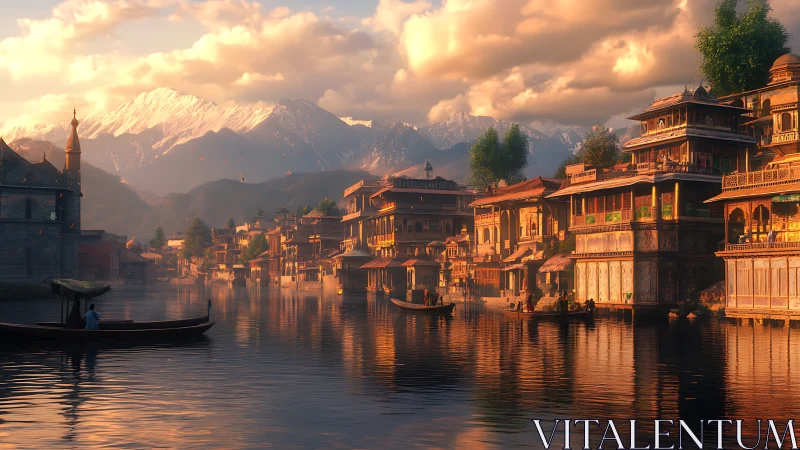 Sunlit mountain canal city with wooden waterfront homes.