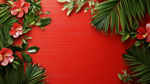 Tropical hibiscus arrangement with palm fronds on textured red background