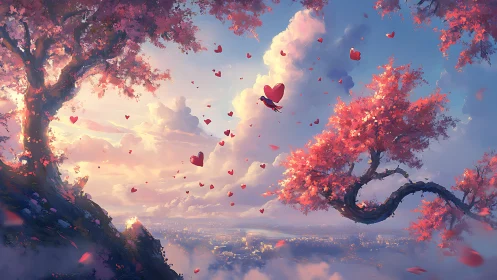 Floating Hearts Over Dreamlike Valley with Glowing Trees.