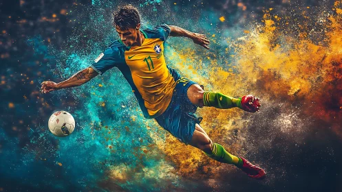 Dynamic Brazilian football volley rendered in vibrant digital painting