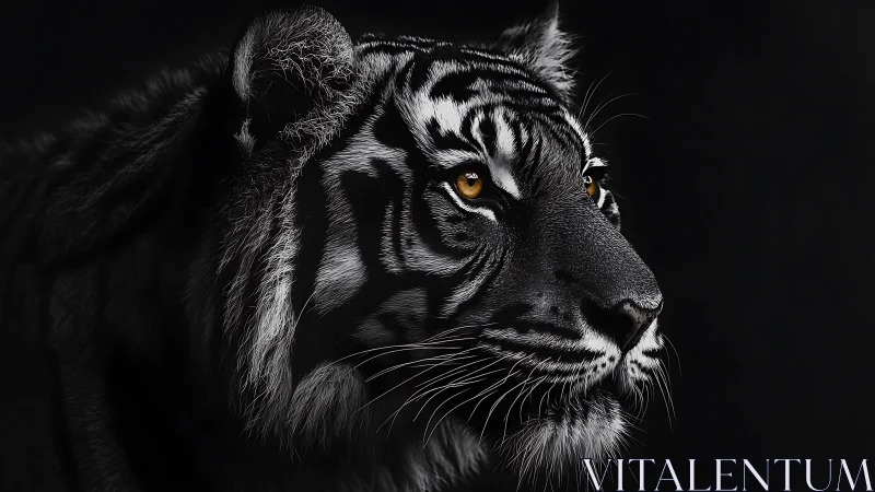 Tiger profile portrait shows high contrast lighting on fur