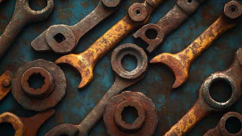 Photorealistic study of rusted wrenches on corroded steel surface.