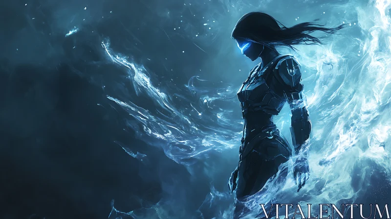 Armored humanoid figure stands amid luminous flowing energy