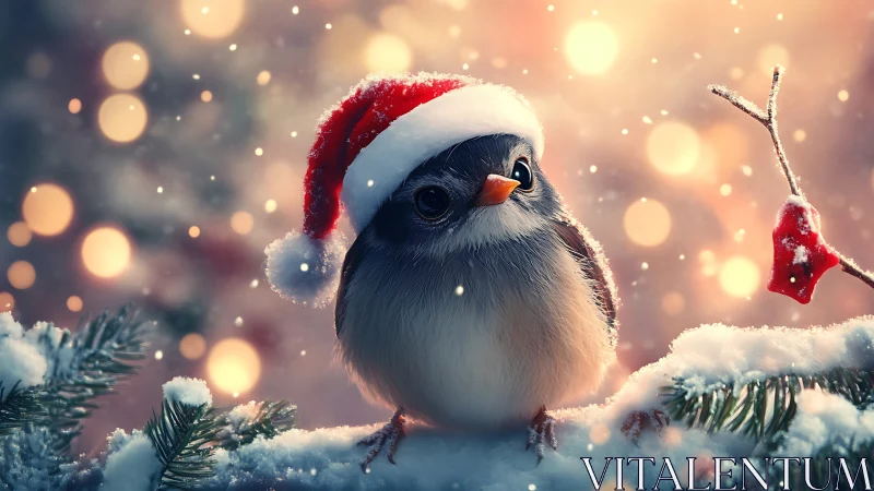 Festive fluffy bird in a Santa hat spreading cozy cheer.