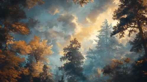 Luminous Forest Cathedral: Where Autumn Gold Meets Ethereal Sky