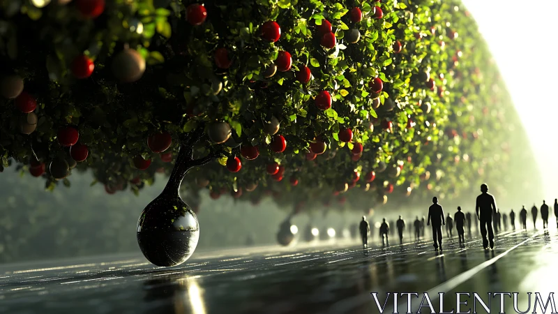 Parametric orchard canopy with reflective bulbous trunk supports.