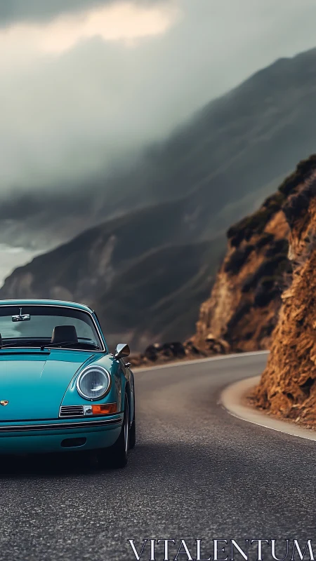 Turquoise classic car cruising a misty coastal mountain road.