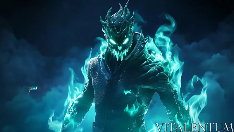 Flaming spectral warrior emerges from cyan inferno storm.