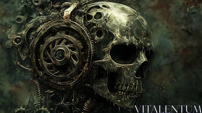 Clockwork Requiem: Corroded Cybernetic Skull in Shadow.