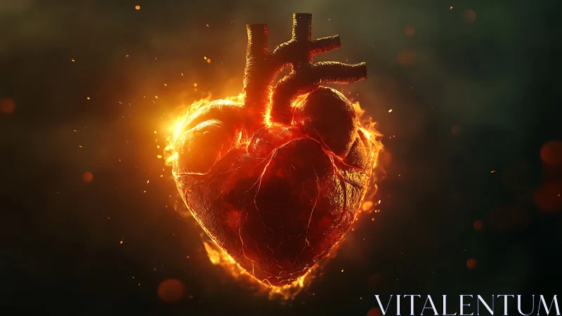 Anatomical Heart with Fiery Energy Aura.